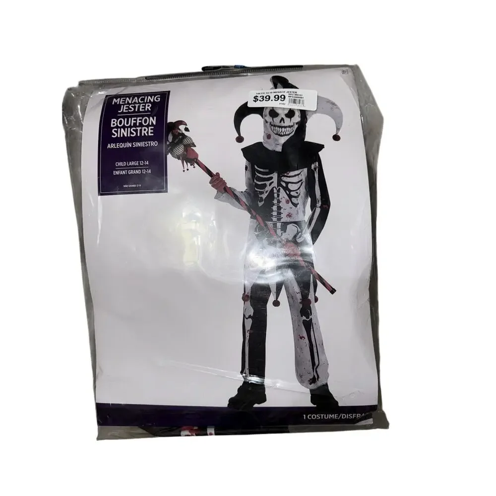 Scary Menacing Jester Clown Suit Skeleton Child's Halloween Costume Sz L 12-14